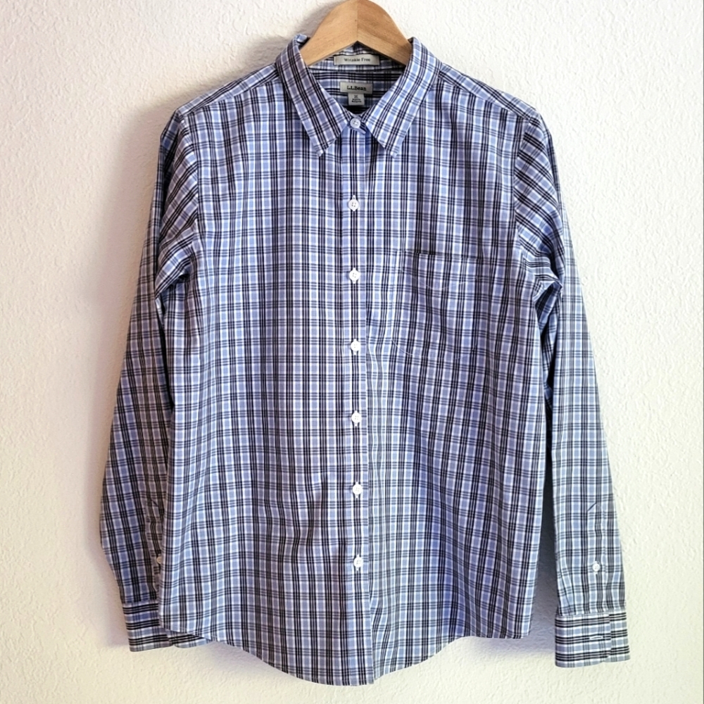 Men's LL Bean Button-up Dress Shirt No Wrinkle Size medium blue plaid no iron